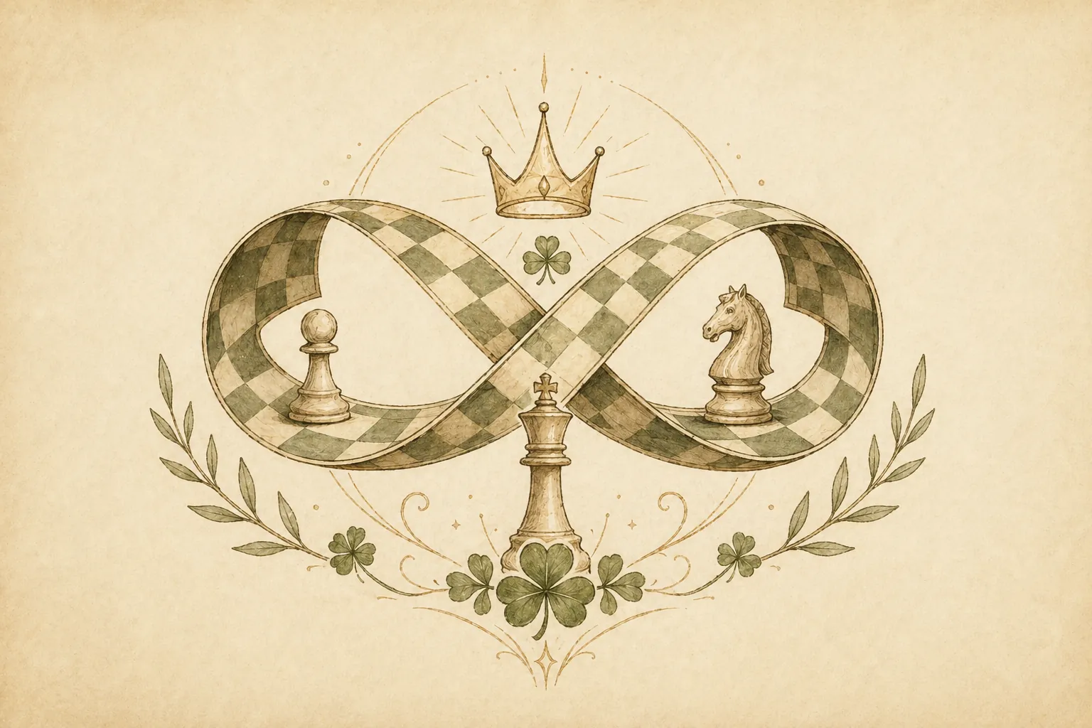 Warm infinite chess championship emblem with infinity ribbon chessboard, crown, clovers, and classic pieces.
